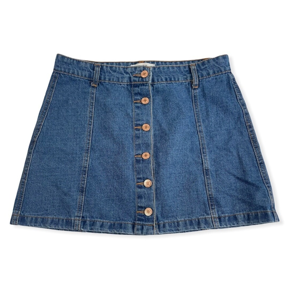 Forever 21 Womens Blue Jean Denim Button Front Mini Skirt Size 28 100% Cotton